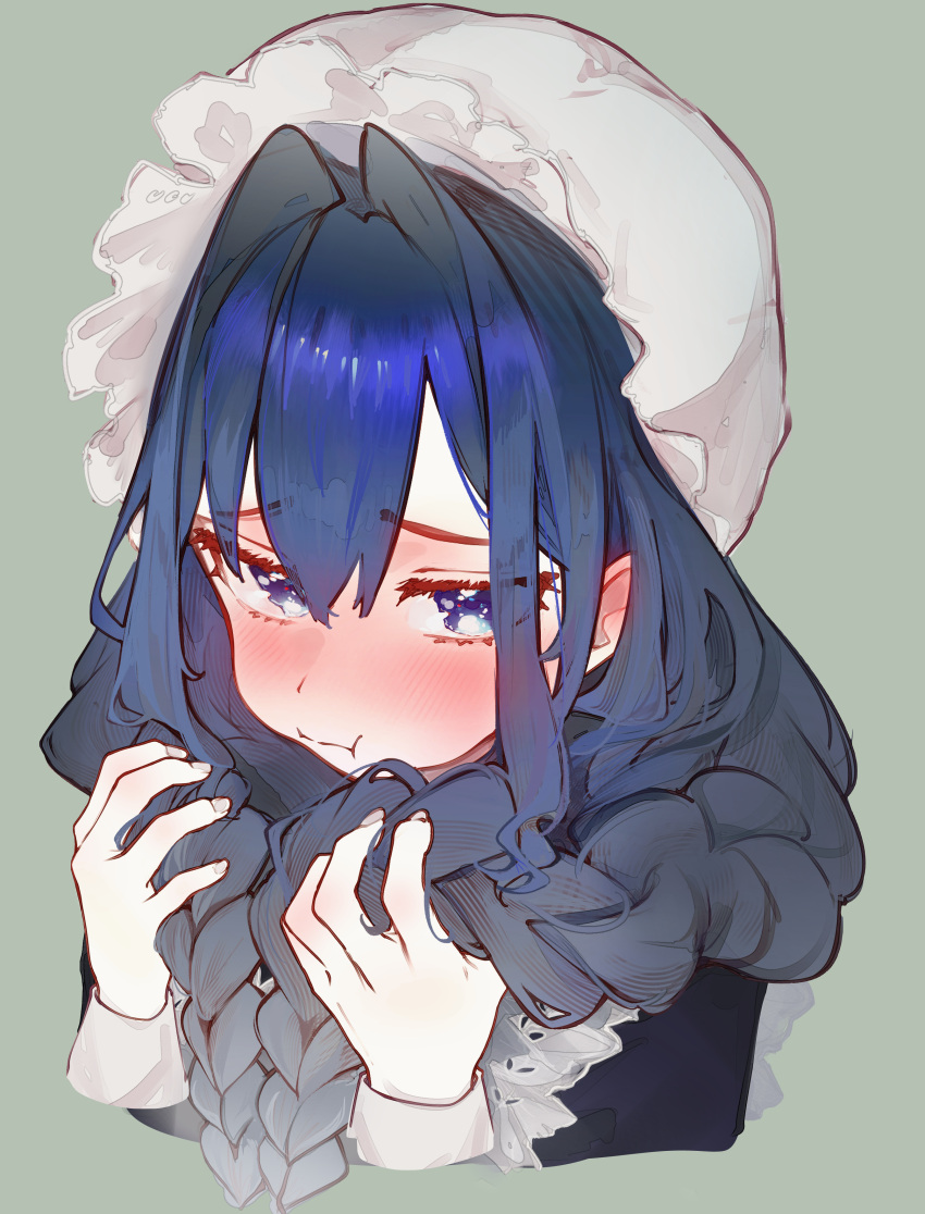 :t, absurdres, blue_eyes, blue_hair, blush, braid, closed_mouth, commentary, cropped_shoulders, ear_blush, green_background, hair_between_eyes, hair_intakes, hair_over_shoulder, hat, highres, holding, holding_own_hair, hololive, looking_at_viewer, maid, mob_cap, ouro_kronii, ouro_kronii_(maid), pout, sauce_darusungi, sidelocks, simple_background, symbol-only_commentary, twin_braids, victorian_maid, virtual_youtuber