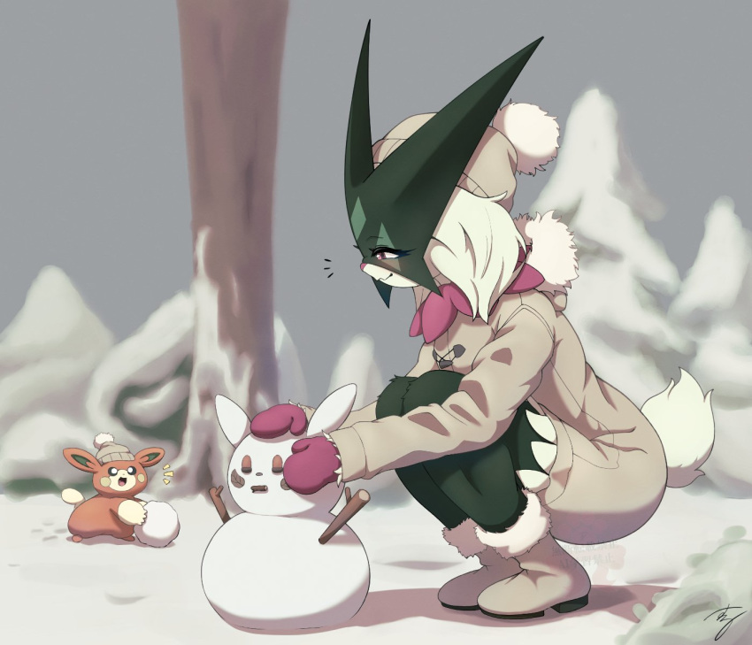 1girl, beanie, boots, clothed_pokemon, coat, furry, furry_female, gloves, grey_boots, grey_coat, grey_hat, hat, highres, hunter_suru, looking_at_viewer, meowscarada, orange_fur, pawmi, pink_gloves, pokemon, pokemon_(creature), signature, snow, snowman, squatting