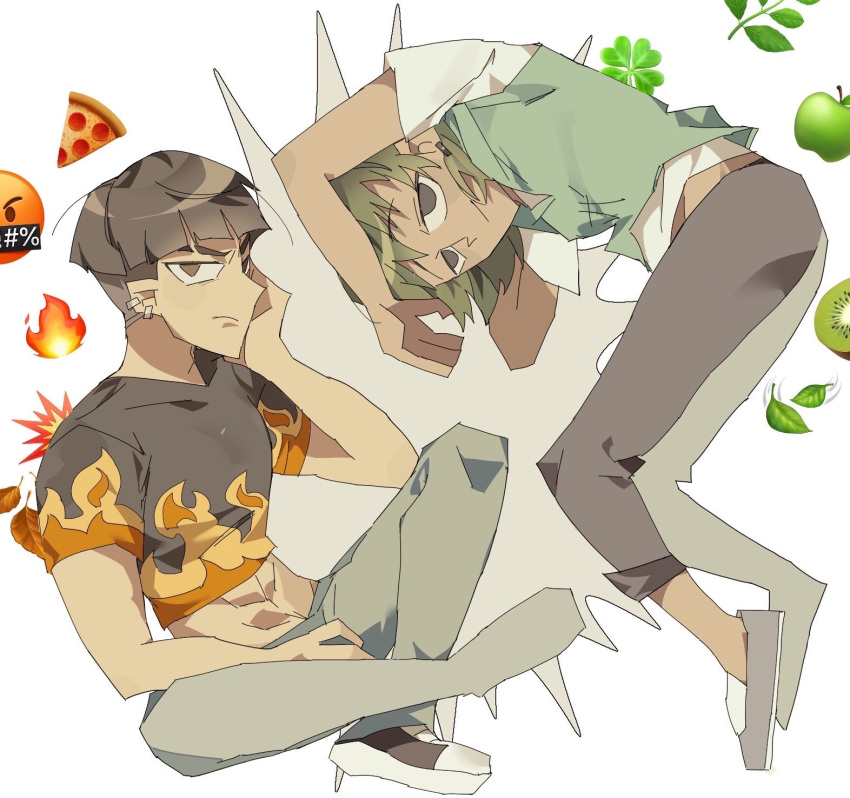 2boys, black_hair, black_shirt, commentary_request, crop_top, disventure_camp, dokusuji_(kw9onou58), earrings