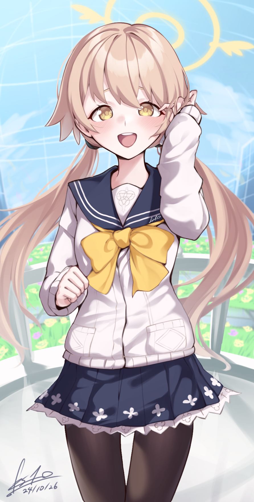 1girl, :d, black_pantyhose, blonde_hair, blue_archive, blue_sailor_collar, blue_skirt, bow