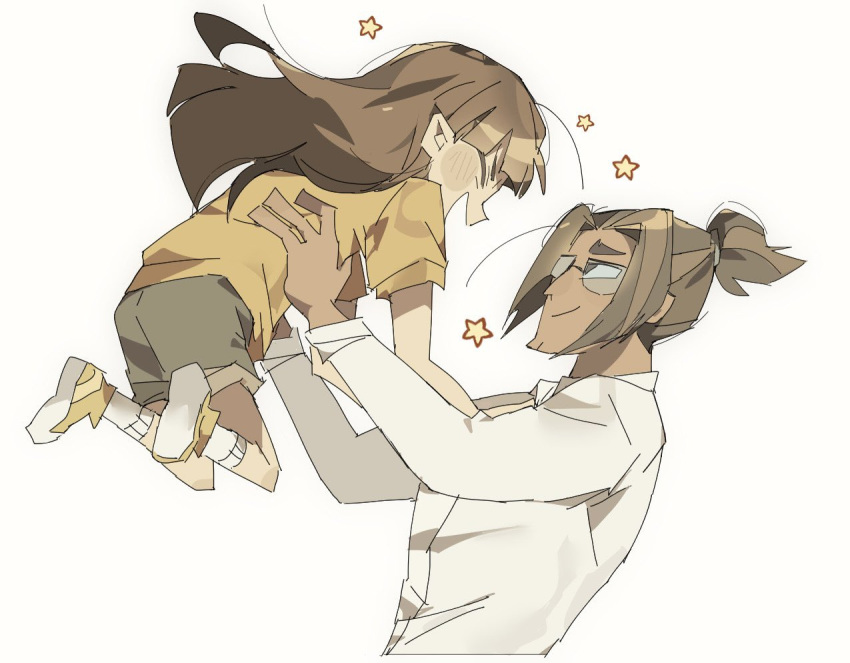 1boy, 1girl, alec_(disventure_camp), brown_hair, brown_shorts, carrying, carrying_person, closed_mouth