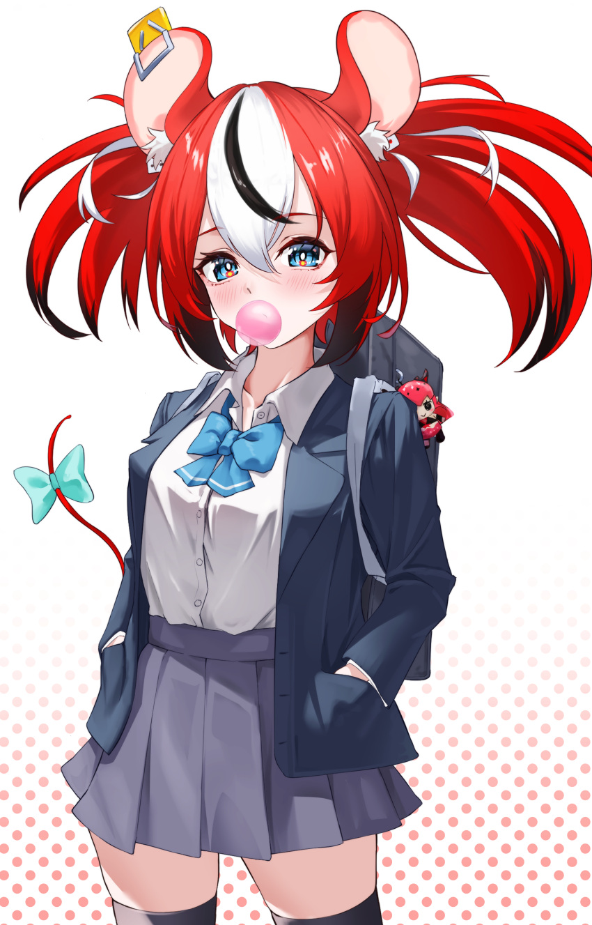 1girl, absurdres, alternate_costume, animal_ears, backpack, bag, bag_charm, black_hair