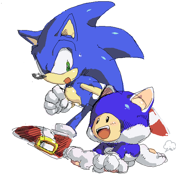 2boys, animal_costume, cat_costume, cat_toad_(mario), fangs, furry, furry_male, hedgehog_boy, home_(houmei), looking_at_another, multiple_boys, running, sonic_(series), sonic_the_hedgehog, super_mario_3d_world, super_mario_bros., toad_(mario)