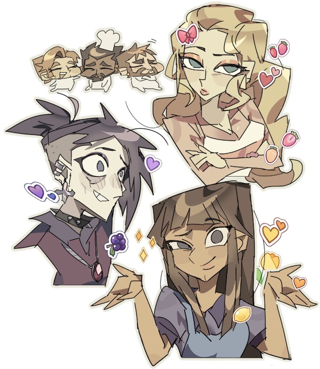 1other, 2girls, 3boys, anastasia_sizova, black_hair, blonde_hair, blue_shirt, bow, brown_hair, choker, closed_mouth, commentary_request, crossed_arms, dark-skinned_male, dark_skin, disventure_camp, dokusuji_(kw9onou58), hannah_roxas, highres, jewelry, logan_bell, multiple_boys, multiple_girls, necklace, pink_bow, purple_hair, shirt, shrugging, smile, spiked_choker, spikes, tan, ted_gordon, tristan_vik, undercut, zaid_hakim