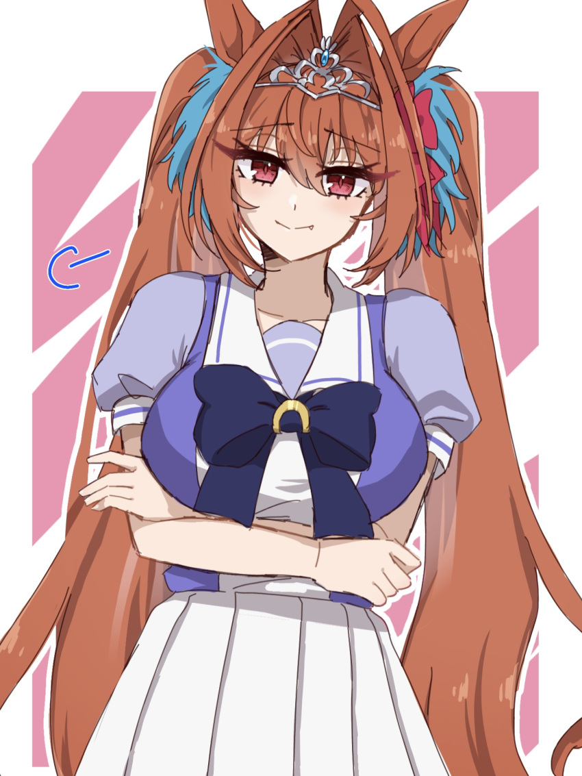 1girl, animal_ears, arms_under_breasts, blue_bow, blue_shirt, bow, breasts, brown_hair