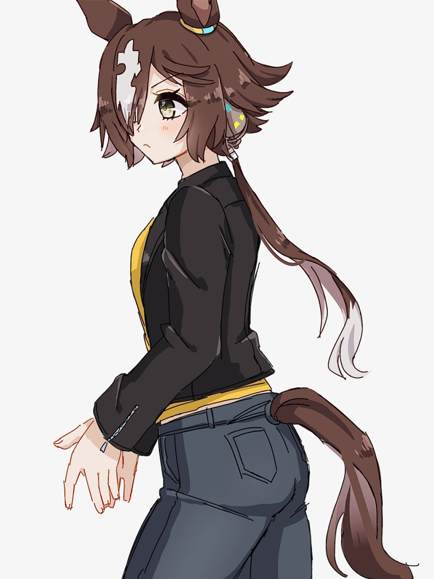 1girl, animal_ears, black_jacket, blue_pants, brown_eyes, brown_hair, closed_mouth, denim