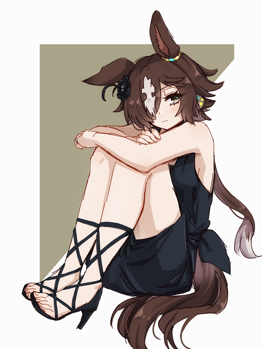 1girl, animal_ears, bare_shoulders, black_dress, black_flower, brown_background, brown_eyes, brown_hair