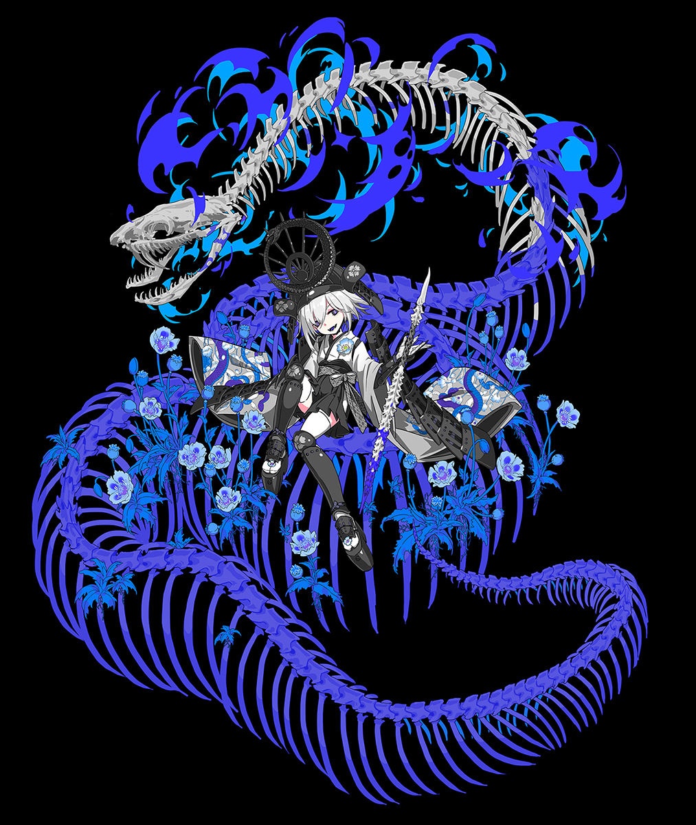 1girl, animal, animal_skeleton, blue_eyes, character_request, copyright_request, fangs, floral_print