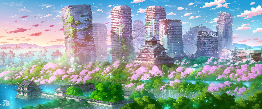 abandoned, absurdres, architecture, blue_sky, building, cherry_blossoms, clouds, commentary_request