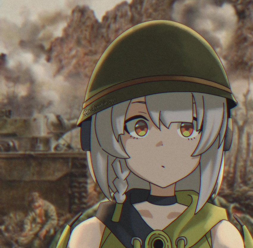 1girl, anby_demara, explosion, helmet, short_hair, tank, the_two-thousand_yard_stare, thousand_yard_stare