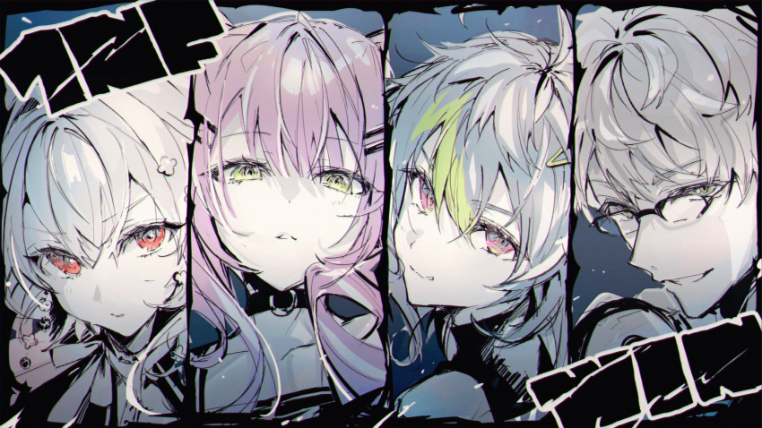2boys, 2girls, ahoge, arurandeisu, black_capelet, black_choker, black_hair, black_shirt, capelet, choker, collarbone, double-parted_bangs, earrings, glasses, green_eyes, green_hair, grey_hair, hair_between_eyes, hair_ornament, hairclip, highres, hololive, holostars, inami_rai, jewelry, looking_at_viewer, multicolored_hair, multiple_boys, multiple_girls, neo-porte, nijisanji, portrait, purple_hair, red_eyes, shia_job, shirona_shizuku, shirt, short_hair, sidelocks, smile, streaked_hair, tokoyami_towa, twintails, virtual_youtuber, white_hair