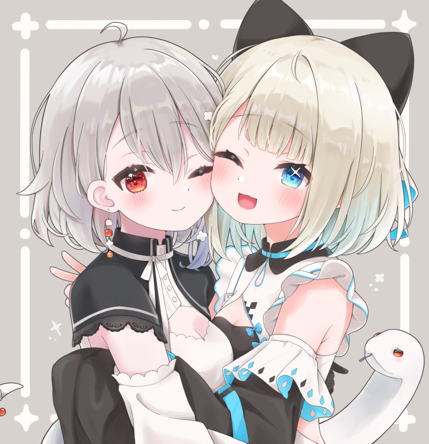 2girls, ahoge, apple_earrings, black_bow, black_capelet, black_sleeves, blonde_hair, blue_eyes, blue_hair, blue_trim, blush, bow, breasts, capelet, cheek-to-cheek, cleavage_cutout, closed_mouth, clothing_cutout, colored_inner_hair, detached_sleeves, double-parted_bangs, dress, earrings, food-themed_earrings, frilled_dress, frills, grey_hair, hair_between_eyes, hair_bow, hair_ornament, heads_together, highres, hug, itoi_toi_(neo-porte), jewelry, lace-trimmed_capelet, lace_trim, looking_at_viewer, multicolored_hair, multiple_girls, neo-porte, one_eye_closed, open_mouth, red_eyes, shirona_shizuku, single_earring, small_breasts, snake, sparkling_eyes, super_takochan, symbol_in_eye, upper_body, v, virtual_youtuber, white_bow, white_dress, white_sleeves, white_snake