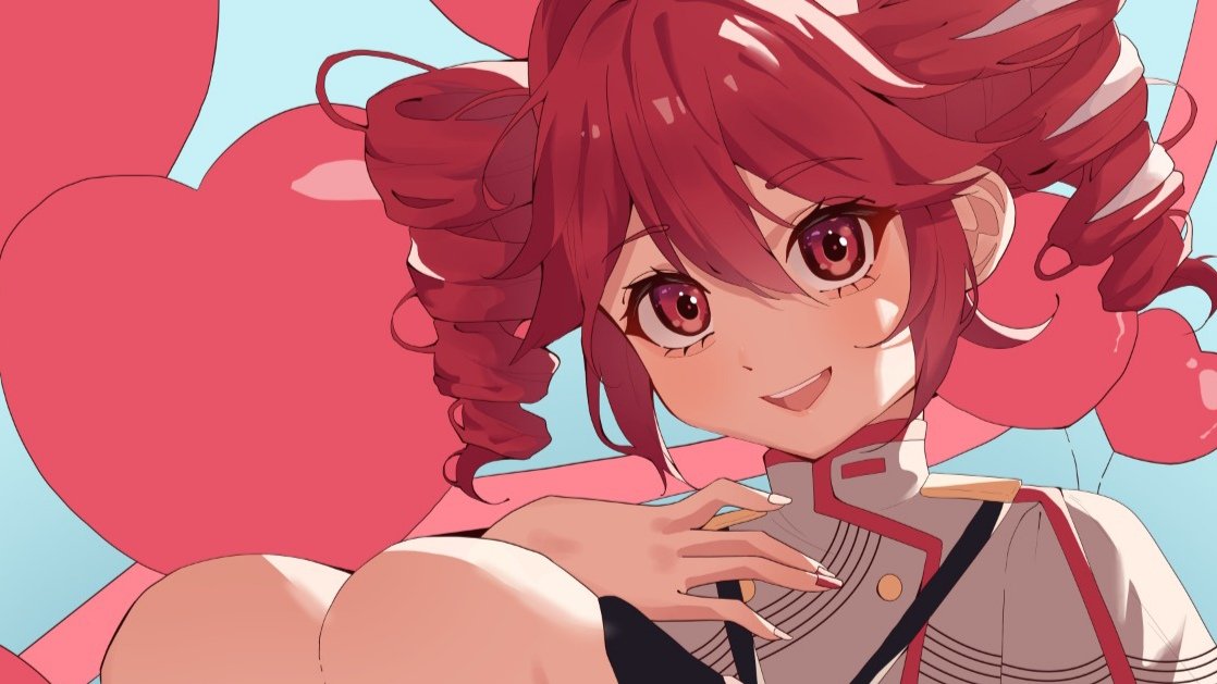 1girl, balloon, belt, black_belt, blue_background, fingernails, grey_jacket, hair_between_eyes, hair_ribbon, heart, heart_balloon, jacket, kasane_teto, kasane_teto_(sv), looking_at_viewer, nanaken_(qijian23092715), open_mouth, red_eyes, red_hair, red_nails, ribbon, shoulder_belt, shoulder_boards, solo, striped_clothes, striped_jacket, synthesizer_v, teeth, twin_drills, twintails, upper_body, upper_teeth_only, utau, white_ribbon