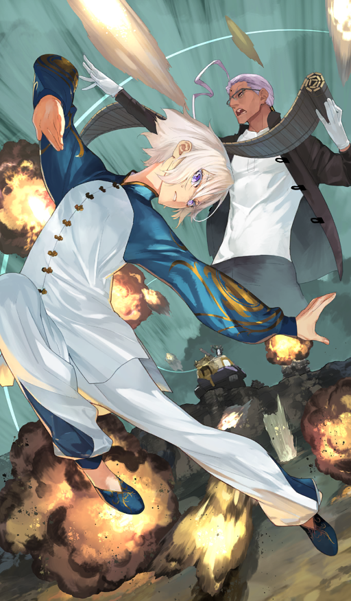 108-nin_no_halloween_rebellion!, 2boys, ahoge, black_pants, blue_shoes, chen_gong_(fate), chinese_clothes, commentary, dark-skinned_male, dark_skin, dynamic_pose, explosion, fate/grand_order, fate_(series), glasses, gloves, green_background, hair_between_eyes, hair_slicked_back, hair_tie, holding, holding_scroll, huge_ahoge, jacket, jumping, long_sleeves, low_ponytail, male_focus, mandarin_collar, midair, military_vehicle, motor_vehicle, multiple_boys, official_alternate_costume, official_art, okazaki_takeshi, open_clothes, open_jacket, open_mouth, outstretched_arm, pankou, pants, parted_lips, ponytail, prince_of_lan_ling_(fate), purple_hair, scroll, shirt, shoes, short_hair, sidelocks, small_sweatdrop, tangzhuang, tank, teeth, violet_eyes, white_gloves, white_hair, white_pants, white_shirt, zoom_layer