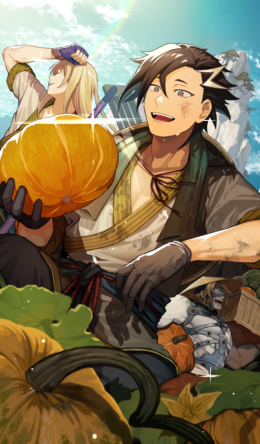 108-nin_no_halloween_rebellion!, 3boys, :d, ajirogasa, armpit_hold, black_gloves, black_hair, blonde_hair