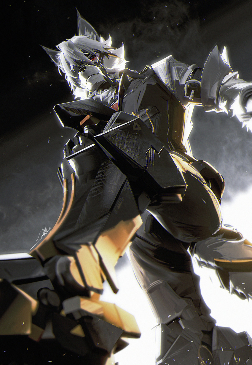 1boy, absurdres, animal_ears, bicep_strap, chinese_commentary, closed_mouth, colored_tips, commentary_request