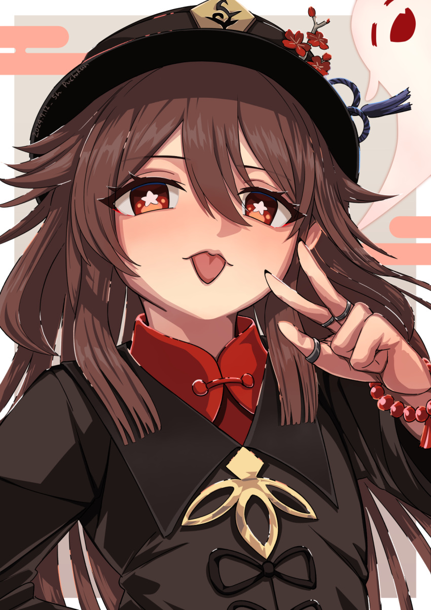 1girl, bead_bracelet, beads, black_hat, black_shirt, boo_tao_(genshin_impact), border, bracelet, brown_hair, commentary_request, egasumi, flower-shaped_pupils, genshin_impact, ghost, grey_background, hair_between_eyes, hat, highres, hu_tao_(genshin_impact), jewelry, long_hair, multiple_rings, outside_border, puchikun, red_eyes, ring, shirt, solo, symbol-shaped_pupils, tongue, tongue_out, upper_body, w, white_border