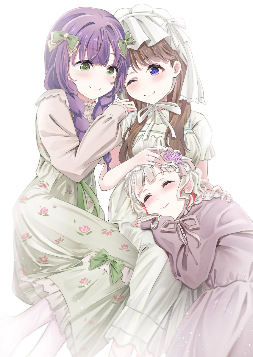 3girls, ;), ^_^, blush, bow, braid, breasts, brown_hair
