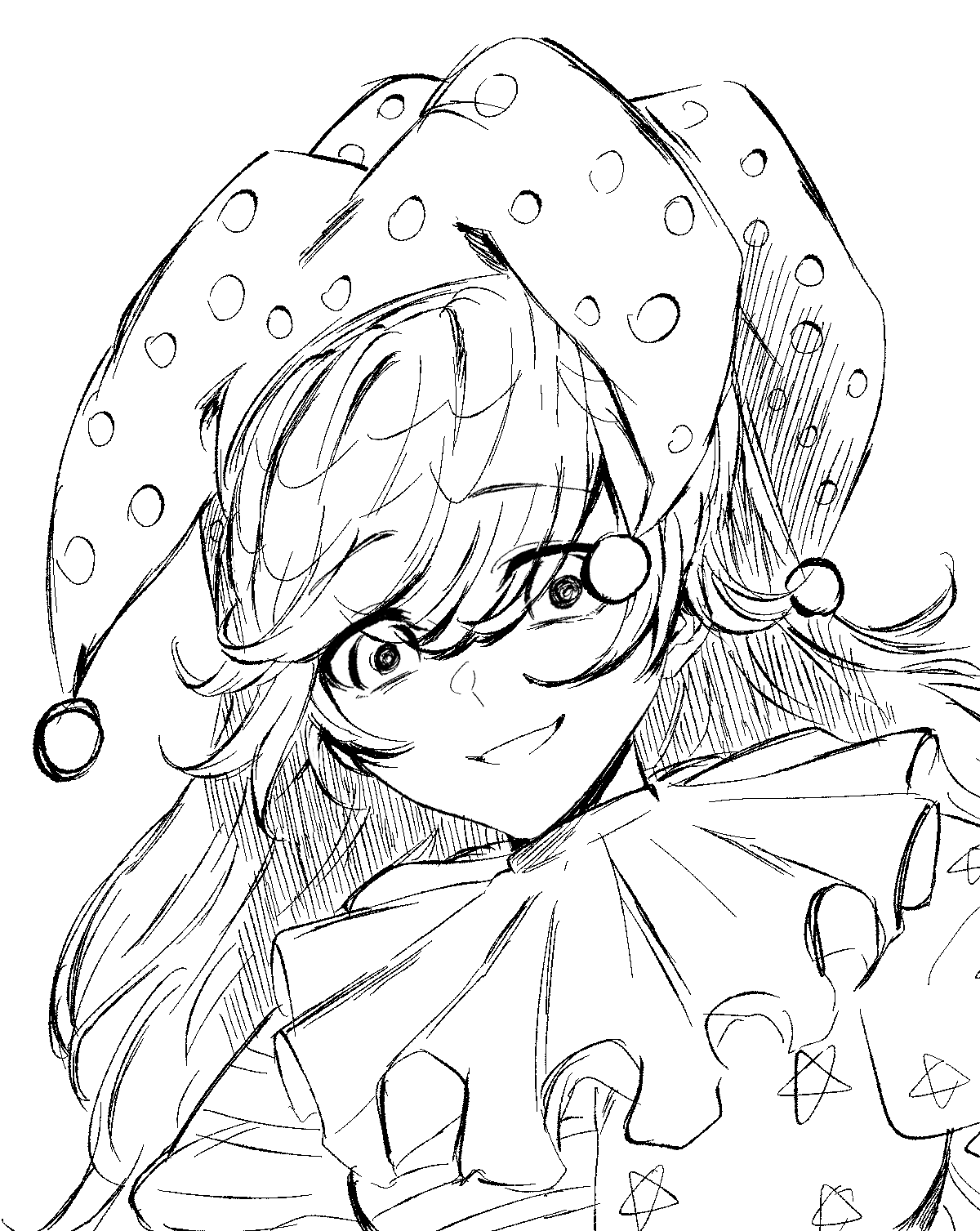 1girl, american_flag, american_flag_print, casimia, clownpiece, eyes_visible_through_hair, flag_print, greyscale