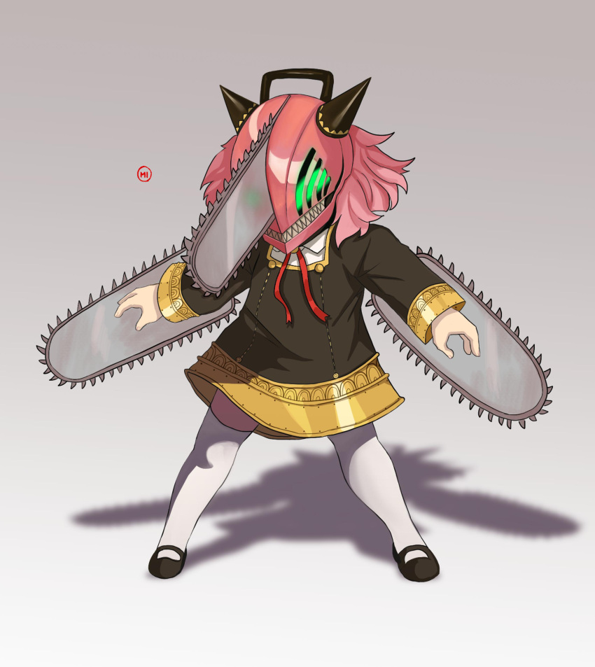 0homi, 1girl, absurdres, anya_(spy_x_family), black_dress, black_horns, chainsaw, chainsaw_man, child, commentary, cosplay, denji_(chainsaw_man), denji_(chainsaw_man)_(cosplay), dress, eden_academy_school_uniform, full_body, highres, horns, jpeg_artifacts, medium_dress, pink_hair, school_uniform, shadow, sharp_teeth, signature, solo, spy_x_family, teeth, thigh-highs, white_thighhighs