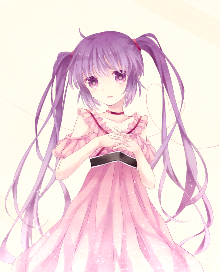 cosplay, dress, hands_clasped, heart, heart_of_string, kai_aki, long_hair, payot, pink_dress, purple_eyes, purple_hair, reala, reala_(cosplay), solo, sophie_(tales_of_graces), tales_of_(series), tales_of_destiny_2, tales_of_graces, twintails, violet_eyes