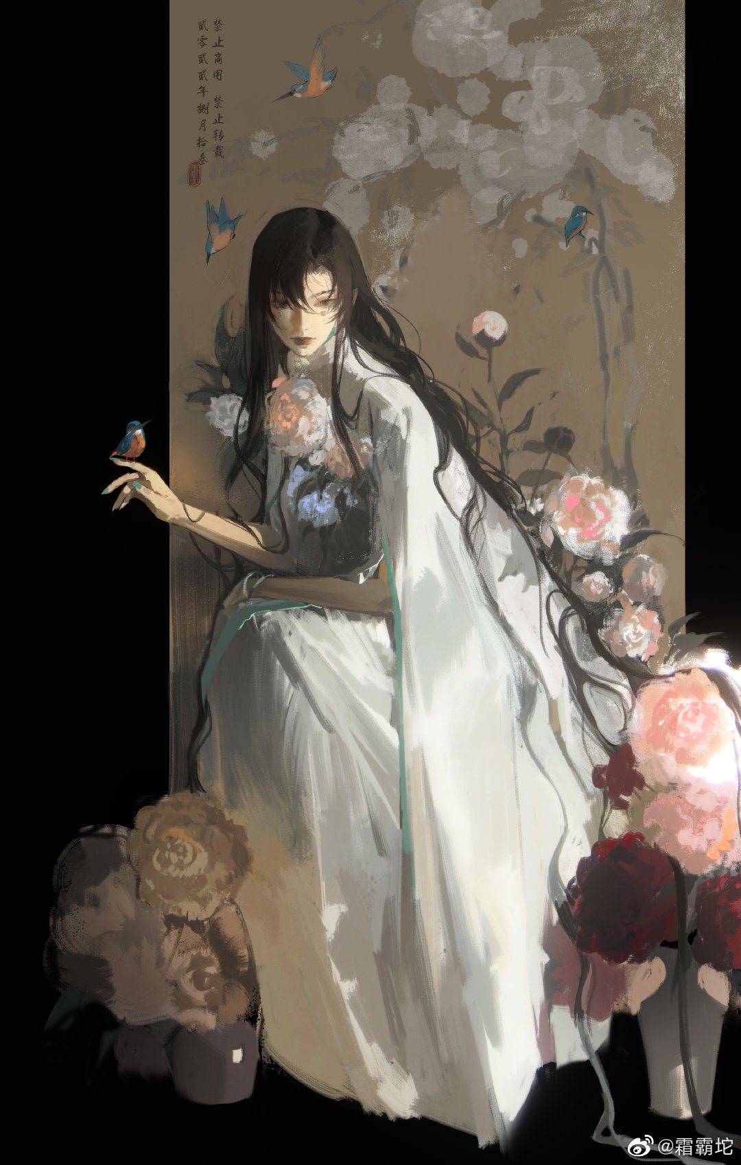 1girl, aqua_nails, bird, bird_on_hand, black_background, black_eyes, black_hair, bluebird, bracelet, brown_background, chinese_clothes, chinese_commentary, chinese_text, closed_mouth, commentary_request, floral_background, flower, full_body, hair_between_eyes, hand_on_lap, hanfu, highres, jewel_under_eye, jewelry, long_hair, long_sidelocks, nail_polish, original, outside_border, parted_bangs, pink_flower, plant, potted_plant, realistic, red_flower, red_lips, robe, robe_on_shoulders, shuangbatian, sidelocks, sitting, solo, thick_lips, translation_request, two-tone_background, very_long_hair, watermark, wavy_hair, weibo_watermark, white_flower, white_hanfu, white_robe