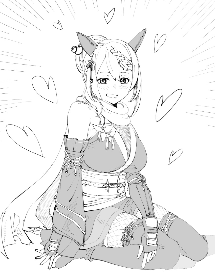 1girl, absurdres, animal_ears, armored_gloves, bare_shoulders, blush, boots, braid, braided_bangs, breasts, commentary_request, detached_sleeves, double-parted_bangs, ear_covers, fingerless_gloves, fishnet_pantyhose, fishnets, full_body, gloves, greyscale, hair_between_eyes, hair_bun, hair_ornament, hair_stick, hairpin, heart, highres, horse_ears, japanese_clothes, kimono, large_breasts, looking_at_viewer, minorun9, monochrome, ninja, obi, official_alternate_costume, official_alternate_hair_length, official_alternate_hairstyle, open_mouth, pantyhose, sash, scarf, short_hair, short_kimono, sidelocks, single_hair_bun, sitting, sleeveless, sleeveless_kimono, smile, solo, super_creek_(flowery_shadow_amongst_the_gentle_rain)_(umamusume), super_creek_(umamusume), thigh_boots, umamusume, yokozuwari