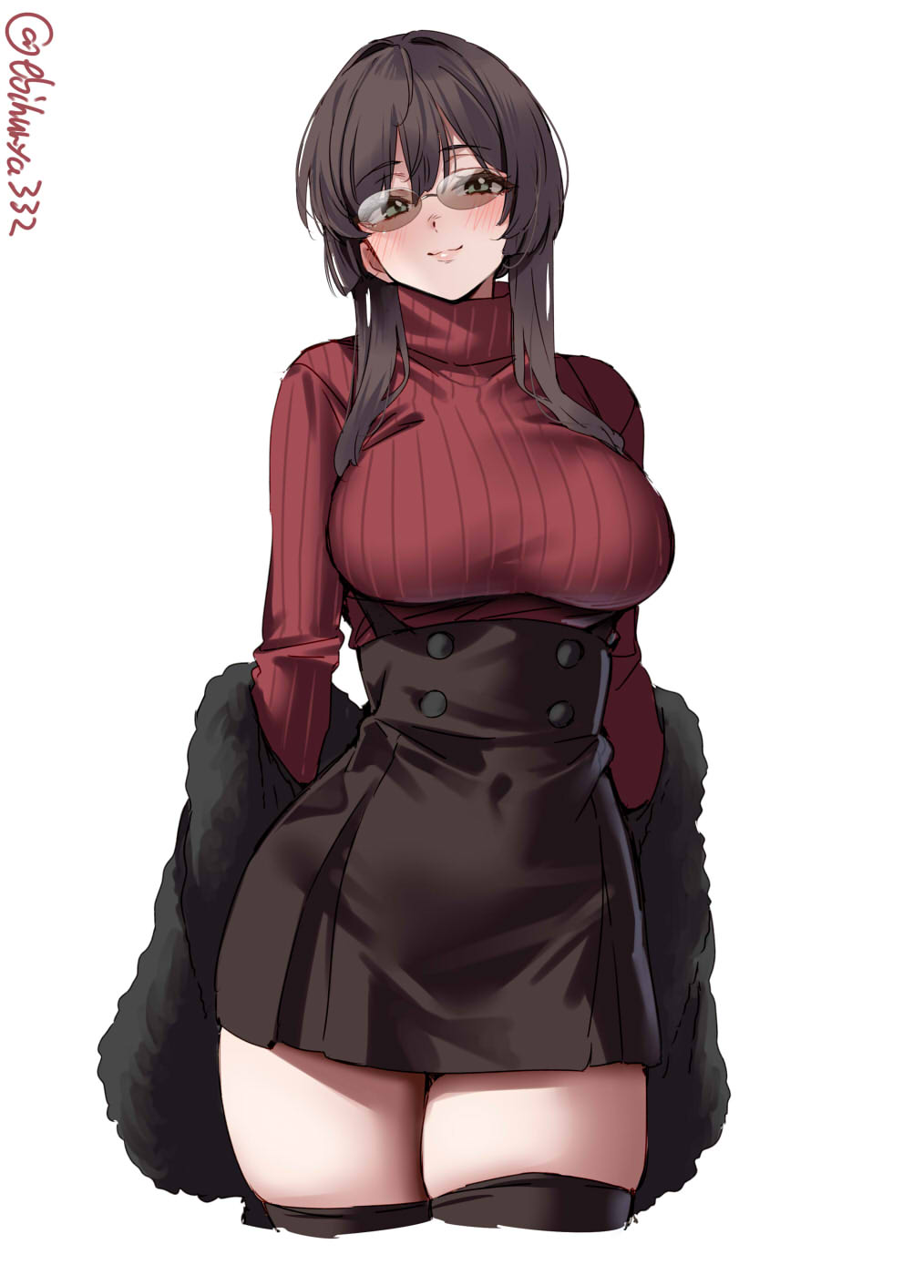 1girl, :3, artist_name, black_thighhighs, blush, breasts, brown_hair, closed_mouth