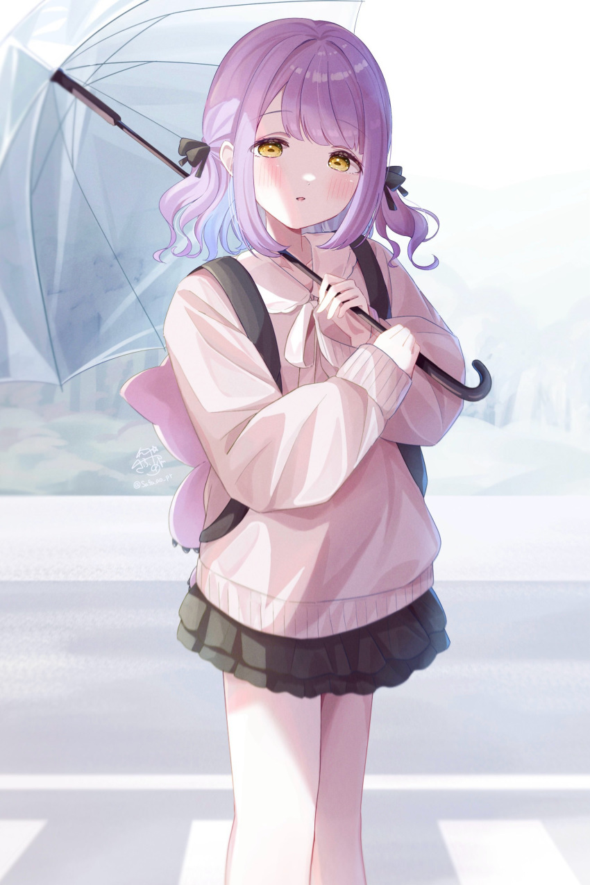 1girl, absurdres, alternate_costume, alternate_hairstyle, backpack, bag, black_skirt, blush