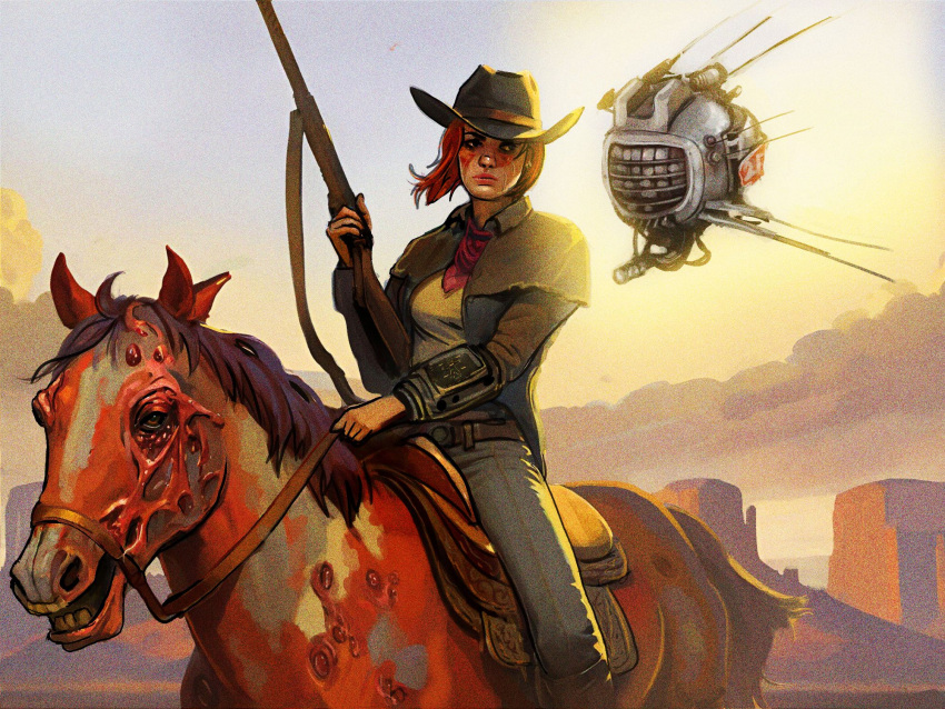 1girl, belt, clouds, courier_(fallout:_new_vegas), cowboy_hat, denim, desert, duster