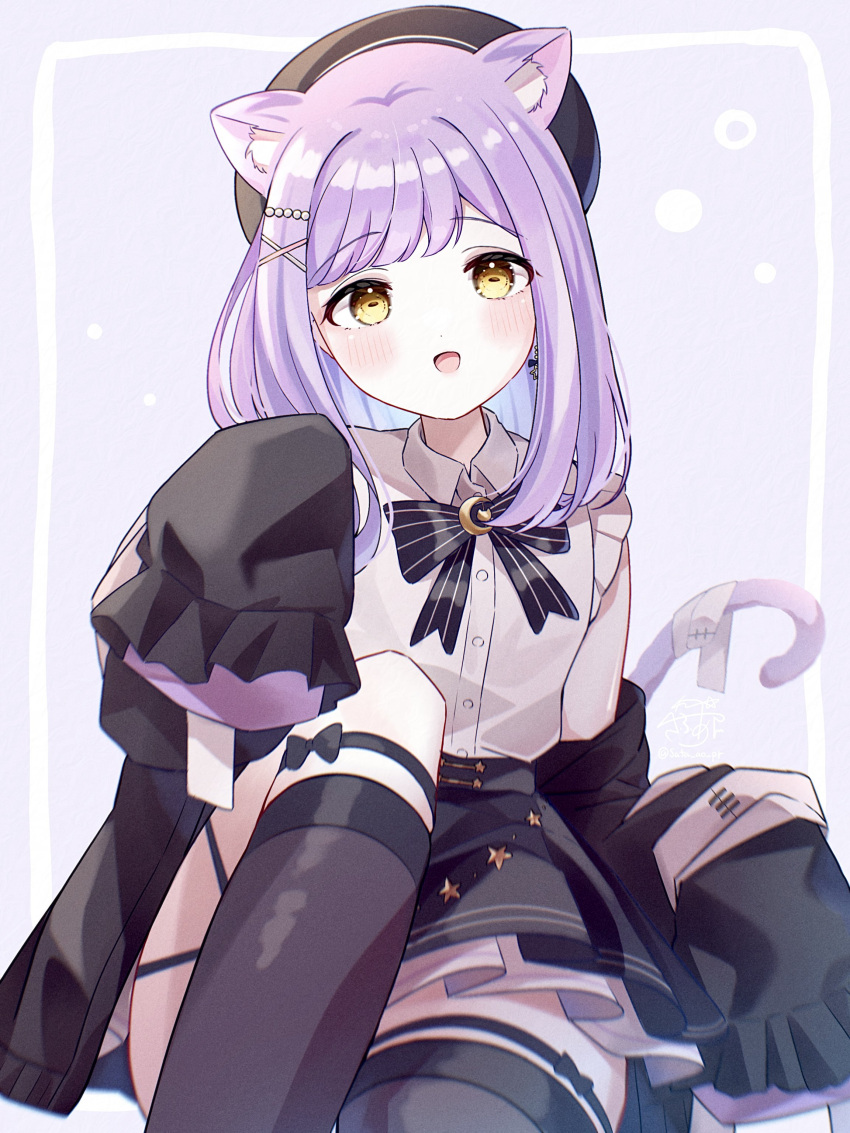 1girl, absurdres, adapted_costume, animal_ear_fluff, animal_ears, asymmetrical_legwear, beret, black_hat