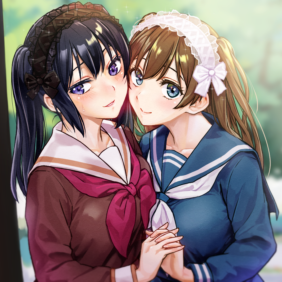 2girls, alternate_hairstyle, black_hair, blue_eyes, blue_sailor_collar, blurry, blurry_background, blush