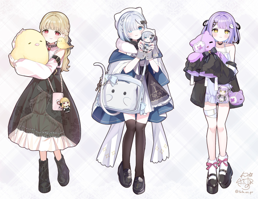 3girls, absurdres, animal_hat, animal_on_shoulder, bag, bandaged_leg, bandages, bare_shoulders