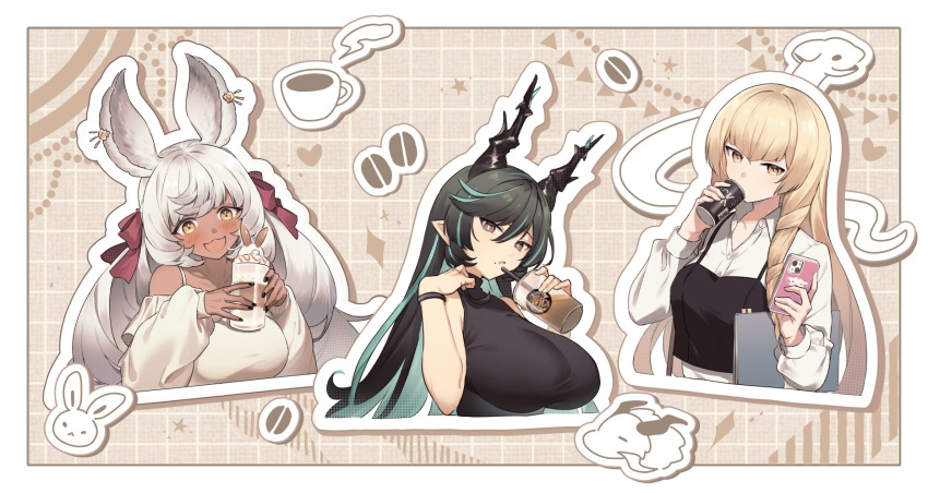 3girls, alternate_costume, animal_ears, black_hair, blonde_hair, blush, breasts, cellphone