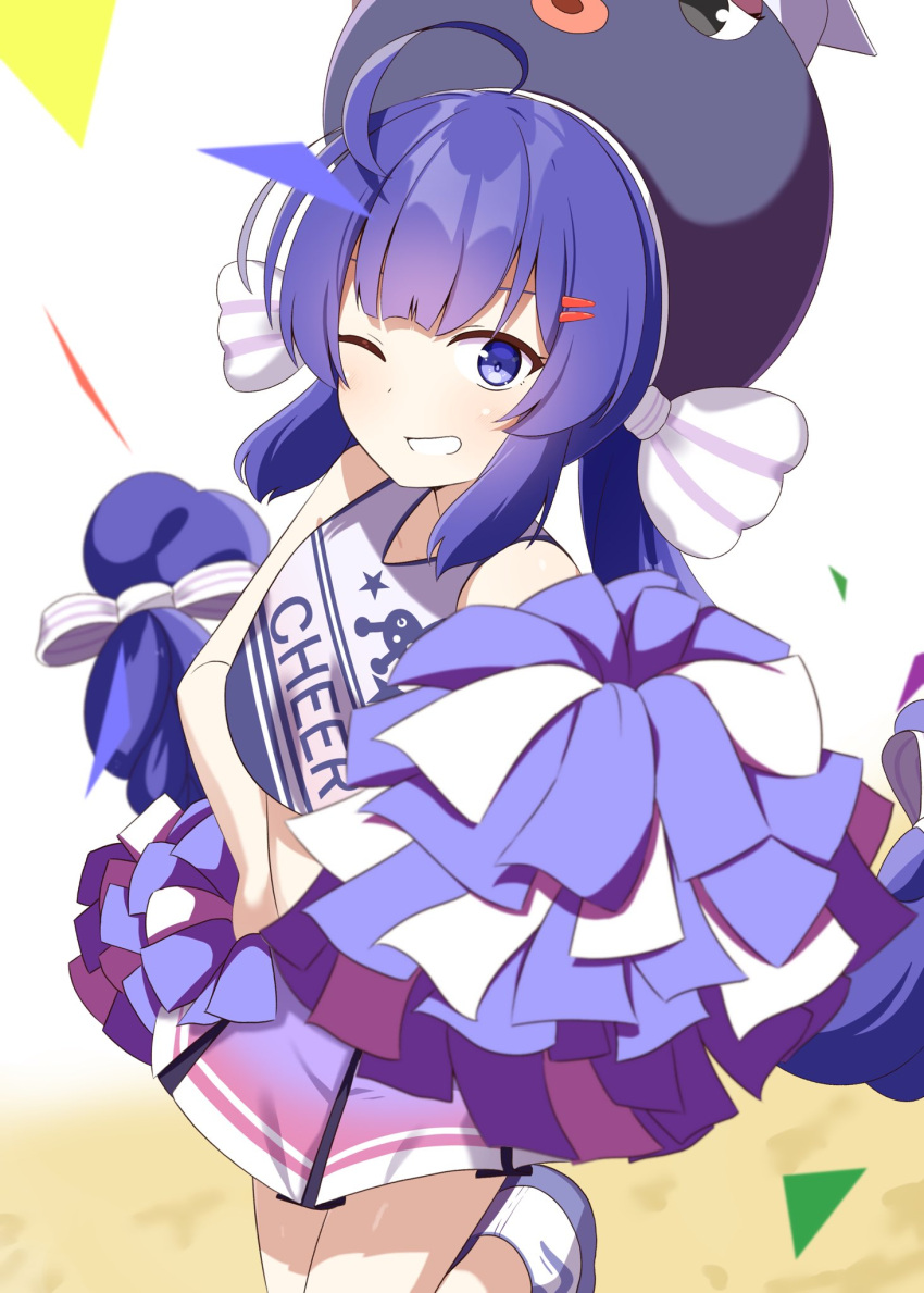 1girl, ahoge, alternate_costume, animal_hat, blue_eyes, blue_hair, blue_pom_poms, blue_shirt