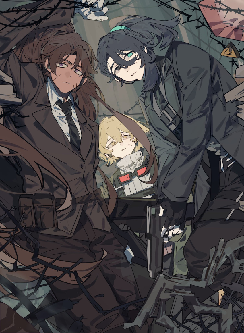3boys, aqua_eyes, barbed_wire, belt, belt_pouch, black_coat, black_gloves, black_hair