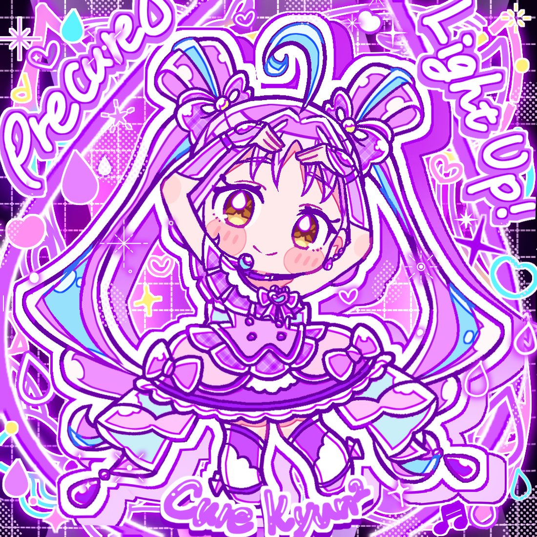 1girl, absurdly_long_hair, ahoge, back_bow, black_background, blue_bow, blue_hair, blush_stickers, boots, bow, bracelet, bridal_gauntlets, buttons, character_name, chibi, choker, closed_mouth, coattails, commentary, copyright_name, cure_kyunkyun, double_bun, dress, dress_bow, earrings, english_commentary, english_text, eyelashes, footwear_bow, frilled_dress, frills, grid_background, hair_bobbles, hair_bow, hair_bun, hair_ornament, hands_on_own_head, happy, headset, heart, jewelry, kimi_to_idol_precure, knee_boots, long_hair, magical_girl, medium_dress, multicolored_hair, multiple_earrings, musical_note, outline, plaid_bow, plaid_clothes, plaid_dress, pleated_sleeves, precure, pu_0521, purple_background, purple_bow, purple_bridal_gauntlets, purple_choker, purple_dress, purple_hair, purple_theme, purple_thighhighs, shigure_kokoro, short_sleeves, single_bare_shoulder, single_sleeve, smile, solo, sparkle, standing, streaked_hair, stud_earrings, thigh-highs, twintails, two-tone_background, very_long_hair, white_boots, white_headphones, white_outline, yellow_eyes