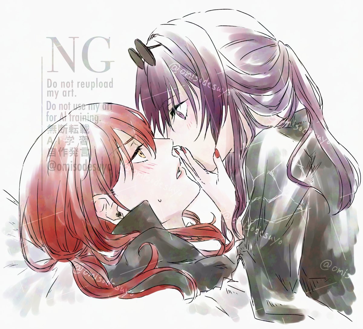 2girls, black_jacket, blush, commentary_request, eyewear_on_head, hand_on_another's_face, himeko_(honkai:_star_rail), honkai:_star_rail