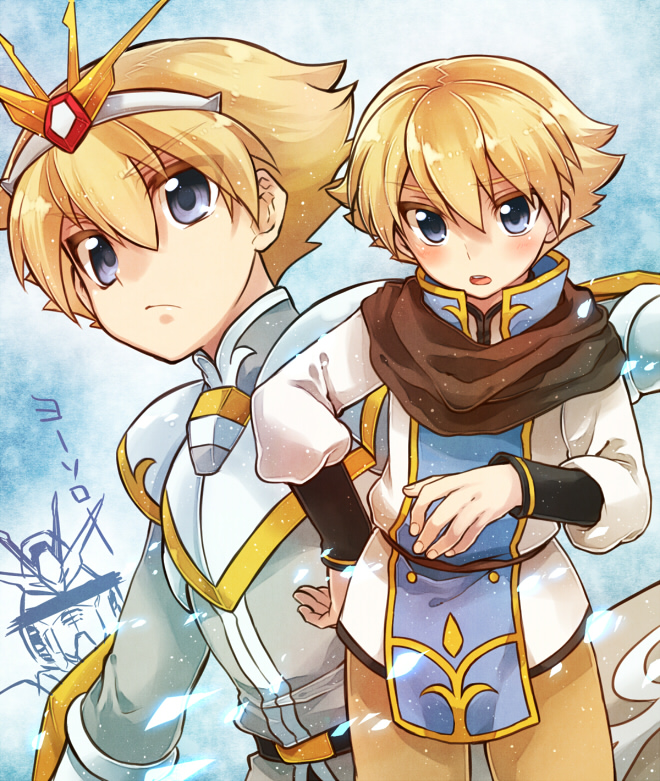 1boy, armor, battle_spirits, battle_spirits:_sword_eyes, blonde_hair, blue_background, blue_eyes, brown_pants