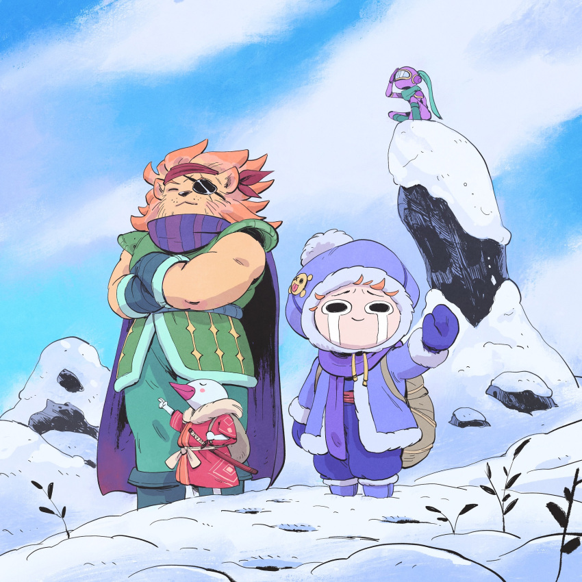 1boy, 1girl, arm_up, bird_boy, blue_coat, boots, cape, closed_eyes