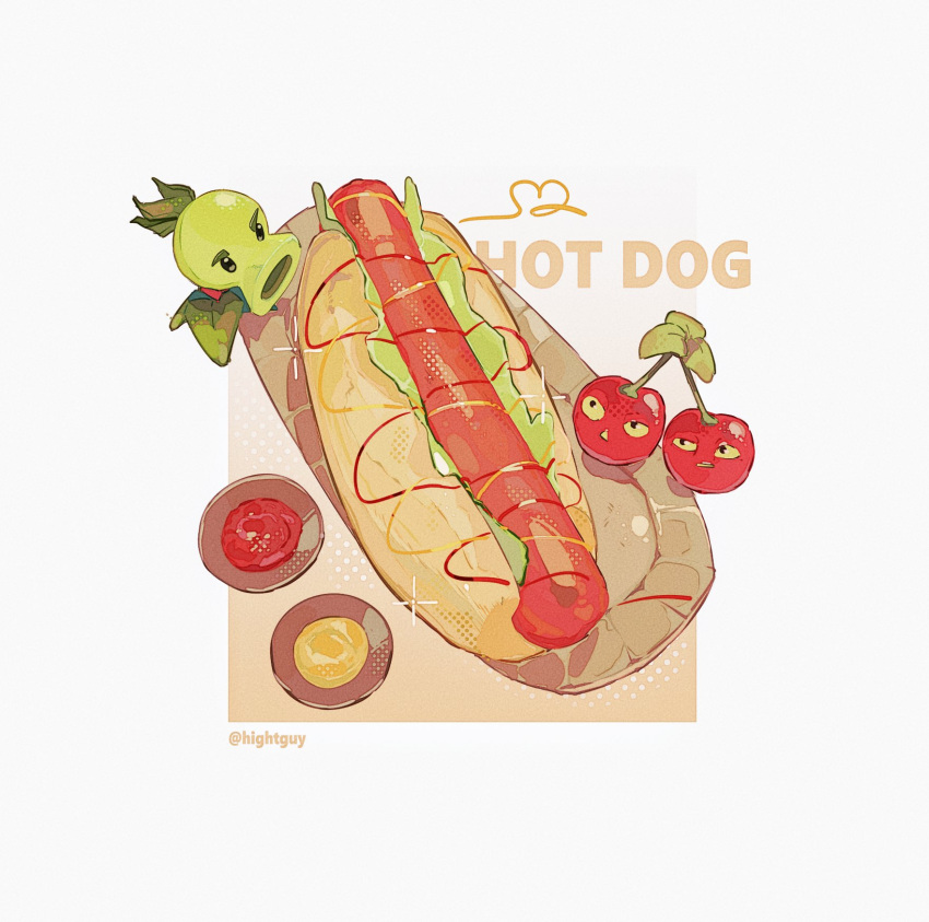 black_eyes, cherry_bomb_(plants_vs_zombies), commentary, english_text, food, from_above, halftone, highres