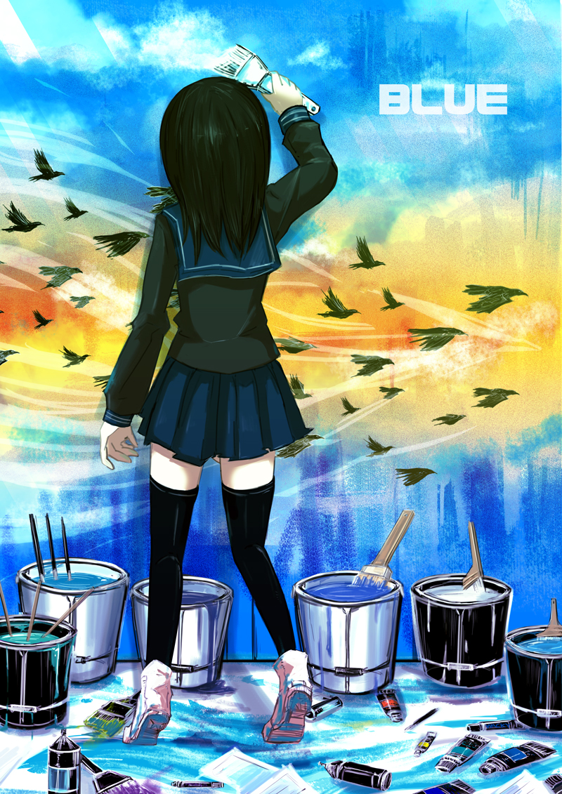 black_hair, black_legwear, black_thighhighs, blue, copyright_request, from_behind, ico_(green_bullet), ico_(number201), paint, paint_bucket, paintbrush, painting, school_uniform, solo, thigh-highs, thighhighs, tiptoes