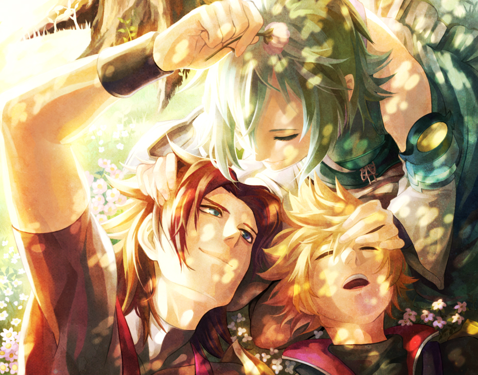 blonde_hair, blue_eyes, blue_hair, brown_hair, closed_eyes, danbo_(symbols), eyes_closed, flower, kingdom_hearts, kingdom_hearts_birth_by_sleep, symbols, terra_(kingdom_hearts), tree, ventus, wristband