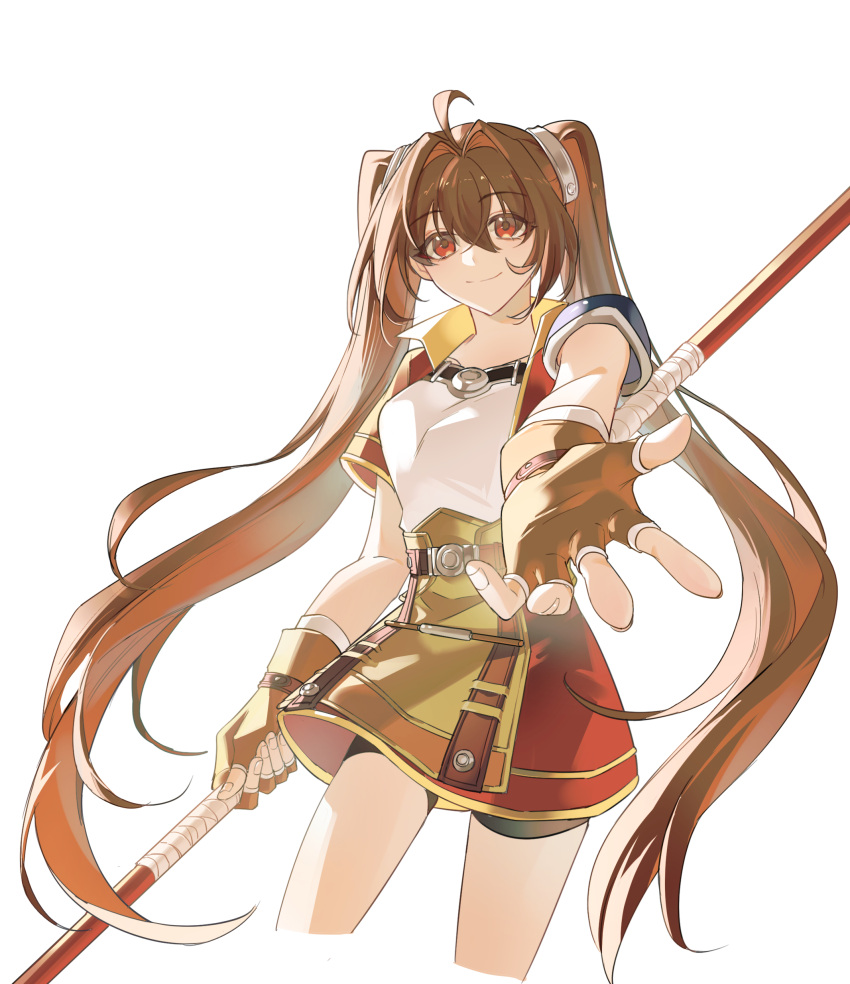 1girl, absurdres, ahoge, antenna_hair, bike_shorts, breasts, brown_gloves, brown_hair, clothes_lift, cropped_jacket, double-parted_bangs, eien_galaxy_ko, eiyuu_densetsu, estelle_bright, fingerless_gloves, floating_hair, gloves, hair_between_eyes, highres, holding, holding_staff, holding_weapon, long_hair, looking_at_viewer, offering_hand, outstretched_hand, red_eyes, short_sleeves, shorts, simple_background, skirt, skirt_lift, small_breasts, smile, solo, sora_no_kiseki, staff, twintails, very_long_hair, weapon, white_background