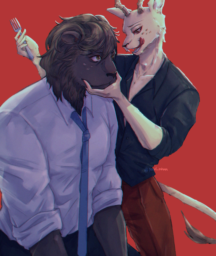 2boys, absurdres, agata_(beastars), animal_ears, artist_name, beastars, black_pants, black_shirt