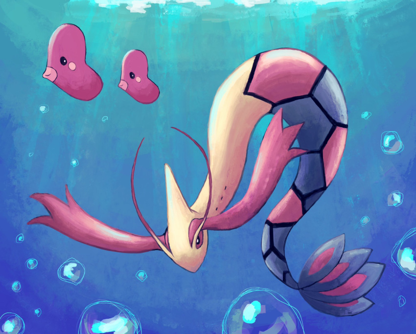 air_bubble, bubble, highres, luvdisc, milotic, no_humans, panha, pokemon