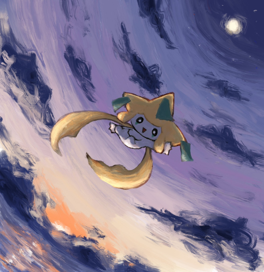 clouds, flying, full_moon, highres, jirachi, looking_at_viewer, moon, no_humans