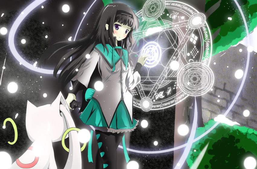 akemi_homura, black_hair, blush, hairband, hexagram, kyubey, kyuubee, long_hair, magic_circle, mahou_shoujo_madoka_magica, pantyhose, purple_eyes, sanpei_(artist), solo, violet_eyes