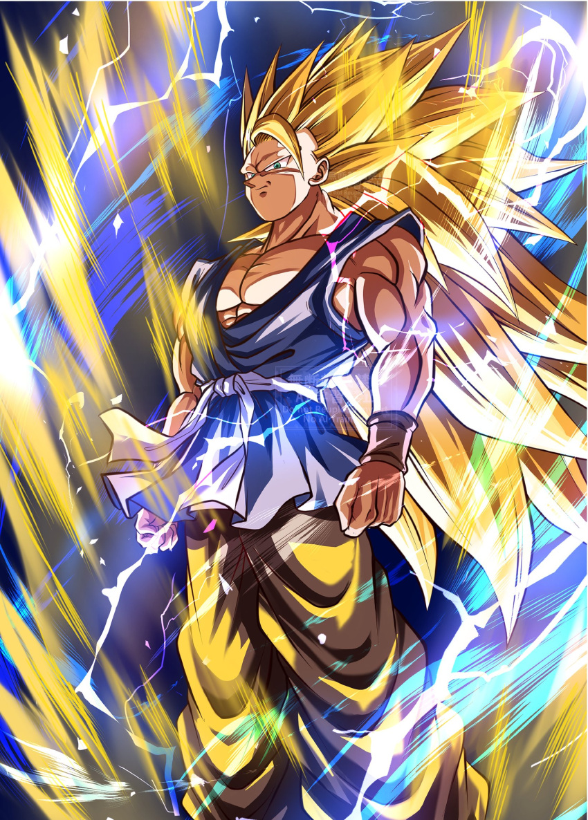 1boy, aura, blonde_hair, blue_tunic, clenched_hands, dougi, dragon_ball, dragon_ball_gt