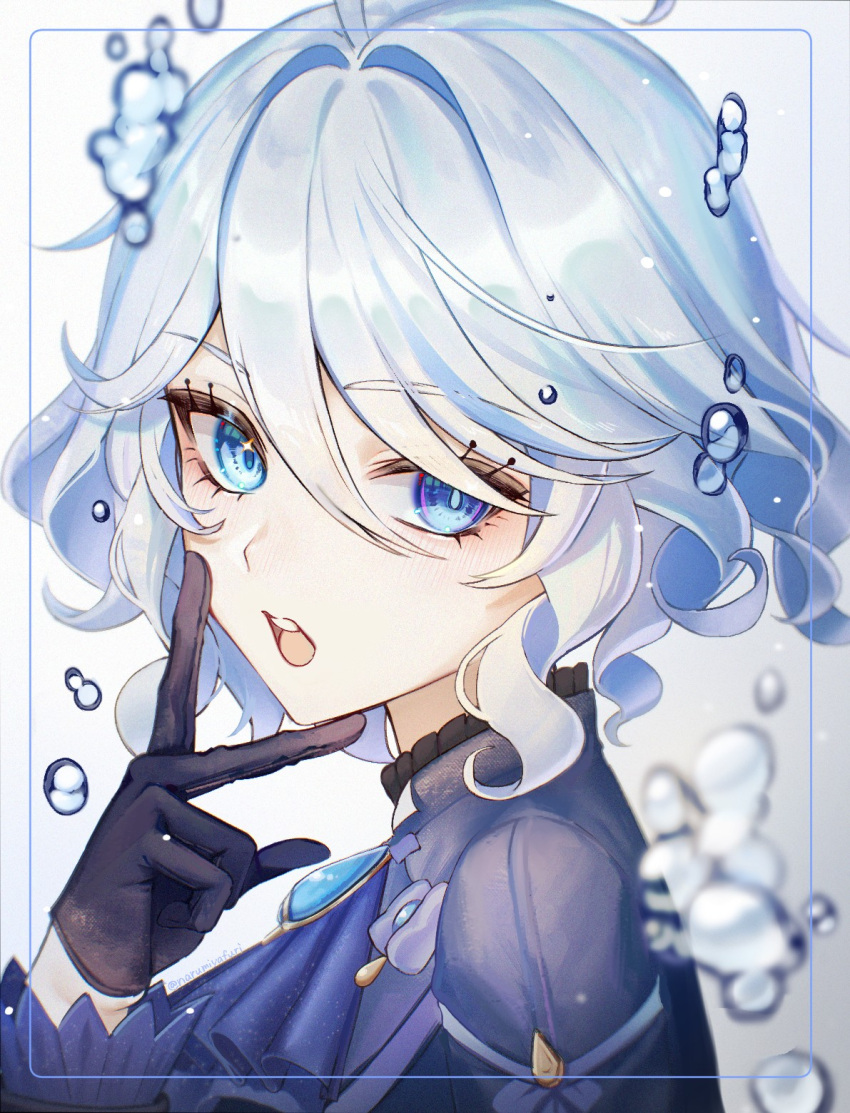 1girl, ahoge, ascot, black_gloves, blue_ascot, blue_brooch, blue_eyes, blue_hair, blue_jacket, drop-shaped_pupils, from_side, fuli_(narumiyafuri), furina_(genshin_impact), genshin_impact, gloves, heterochromia, highres, jacket, looking_at_viewer, mismatched_pupils, multicolored_hair, ouji_fashion, solo, streaked_hair, symbol-shaped_pupils